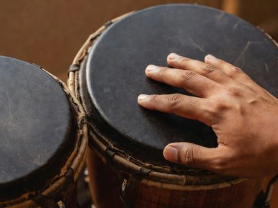 Overhead view of right-hand finger pads resting near the outer edge of the bongo head