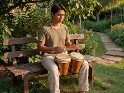 Beginner seated upright on a wooden garden bench holding bongos comfortably between the calves