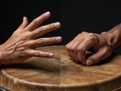 Comparison shot showing high rebounding fingers for an open tone next to resting fingers for a muted tone