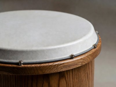 Close-up of a weather-resistant synthetic bongo head mounted on an oak shell