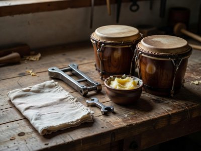 Metal tuning spanner, dry cotton cloth, and small pot of shea butter next to wooden bongos
